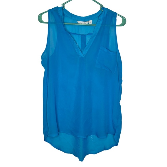 Curfew Tops - Curfew Bright Blue Sleeveless V-Neck Pocket Sheer Blouse